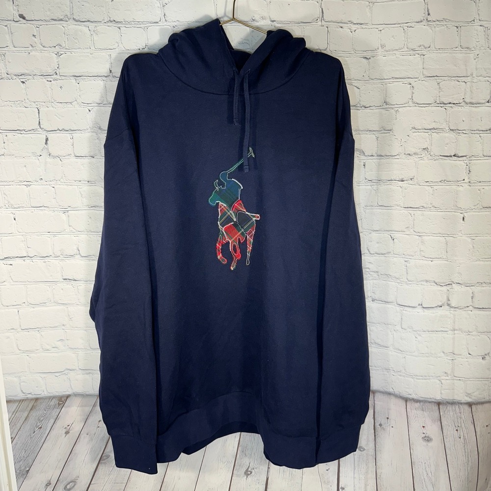 Polo Ralph Lauren Navy Plaid Big Pony Hoodie Mens 2XLT Tall Sweatshirt